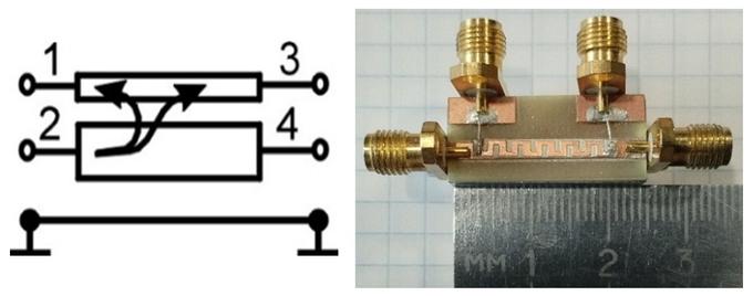 Поперечно-направленный ответвитель с накладкой и верхней меандровой линией (схема и конструкция).