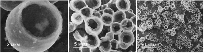 Электронные микрофотографии микрокапсул со стенками из оксигидроксида лантана, полученные при различных увеличениях