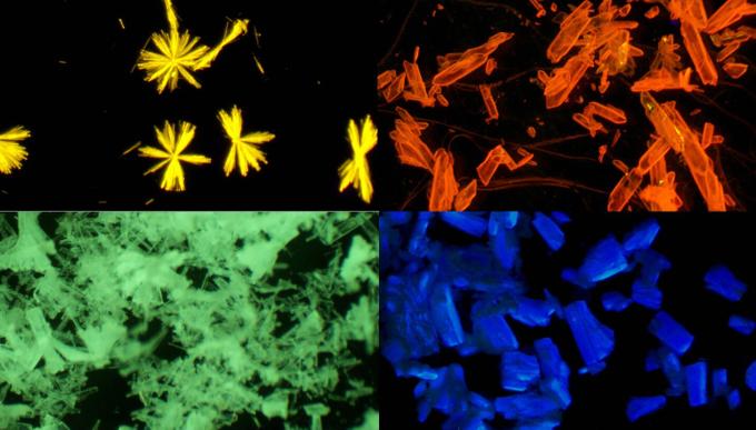 Кристаллы полученных комплексов меди и серебра под ультрафиолетовой лампой.