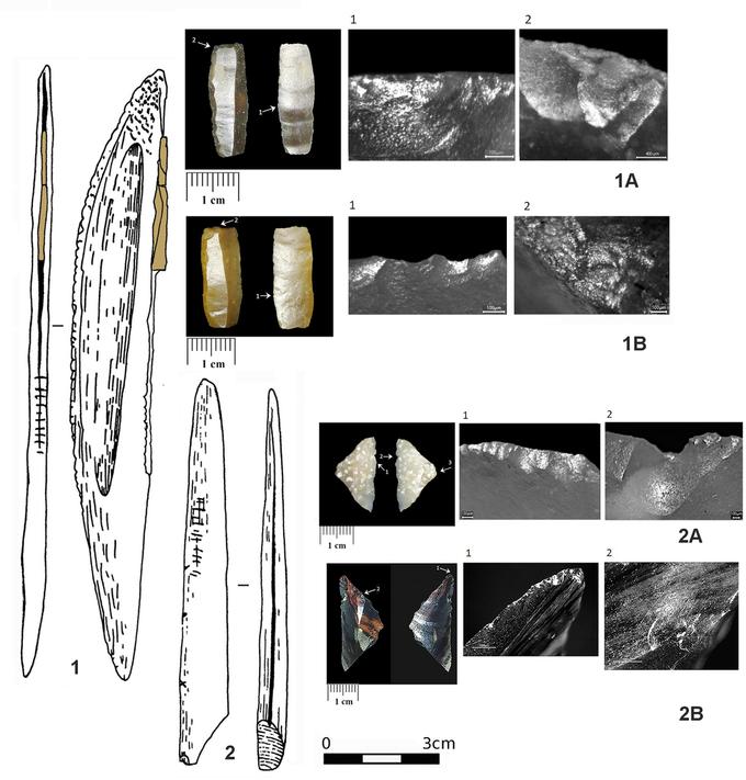 1 — Костяной нож из грота Сосруко, 1А и 1В — геометрические микролиты в виде прямоугольников и макрофотографии следов их использования. 2 — фрагмент костяного дротика из грота Сосруко и геометрические микролиты в виде треугольников с макрофотографиями (2А, 2В), которые могли быть боковыми вставками