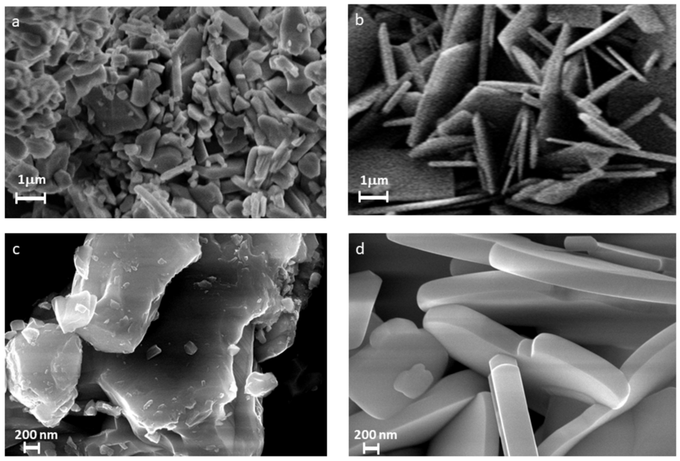 Микроструктура образца, синтезированного твердофазным методом (а, c) и методом расплавленных солей (b, d).