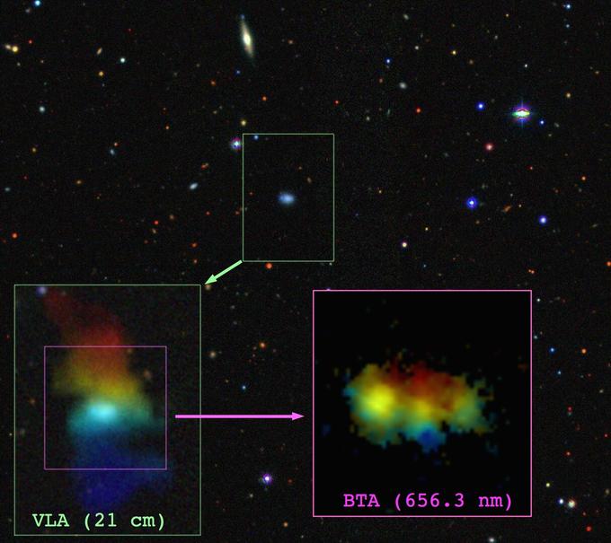 Цветное изображение области неба вокруг галактики VGS 12 по данным обзора DESI Legacy Survey. На врезках показано распределение нейтрального водорода вокруг галактики согласно наблюдениям радиотелескопа VLA в линии 21 см и ионизованного газа во внутренних областях по наблюдениям на 6-м телескопе САО РАН в линии Н-альфа (длина волны 656.3 нм). Цвета соответствуют наблюдаемым лучевым скоростям (синие точки — приближаются, красные — удаляются от наблюдателя).