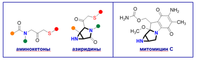 Структуры синтезированных в работе веществ и известного противоопухолевого антибиотика митомицина С