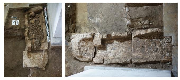 саркофаг V и погребение: А – вид с востока; Б – саркофаг V после снятия погребения и поздней плиты, вид сверху.