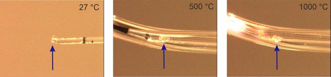 Кристалл исследуемого вещества на кончике стеклянной иголки (при 27 С°) и в кварцевом капилляре (при 500 и 1000 С°) — для рентгеноструктурных исследований.