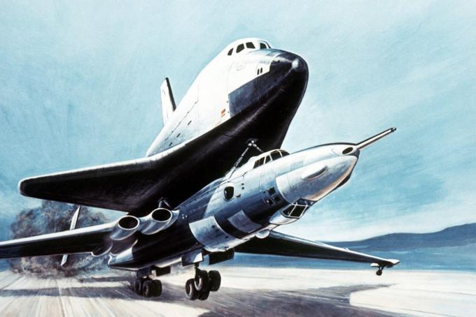 The reusable spacecraft "Buran" transported by the transport aircraft VM-T as imagined by the artist.  Illustration from the Soviet Military Power Yearbook, 1985.